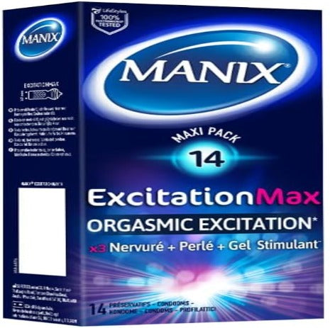 Préservatifs masculins nervurés perlés avec gel stimulant MANIX EXCITATION MAX  14 pièces